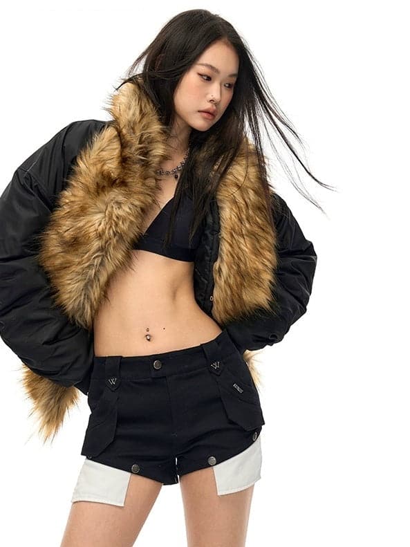 Big Fur Collar Wide Flight Jacket - chiclara