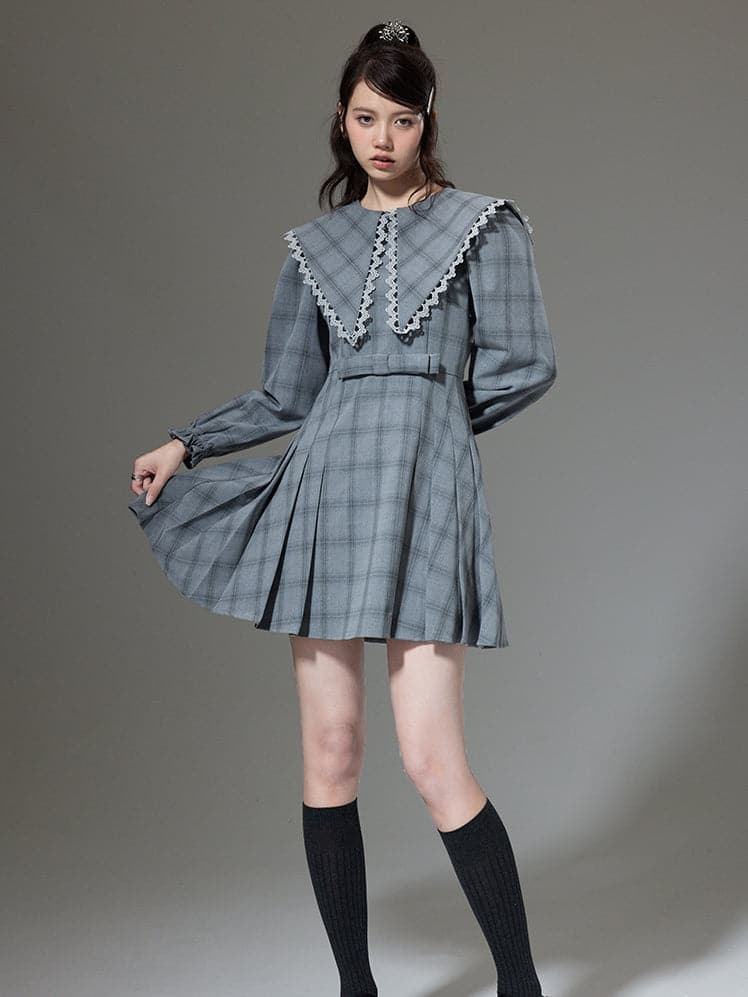 Plaid Pleated Dress With Oversized Lapel - chiclara