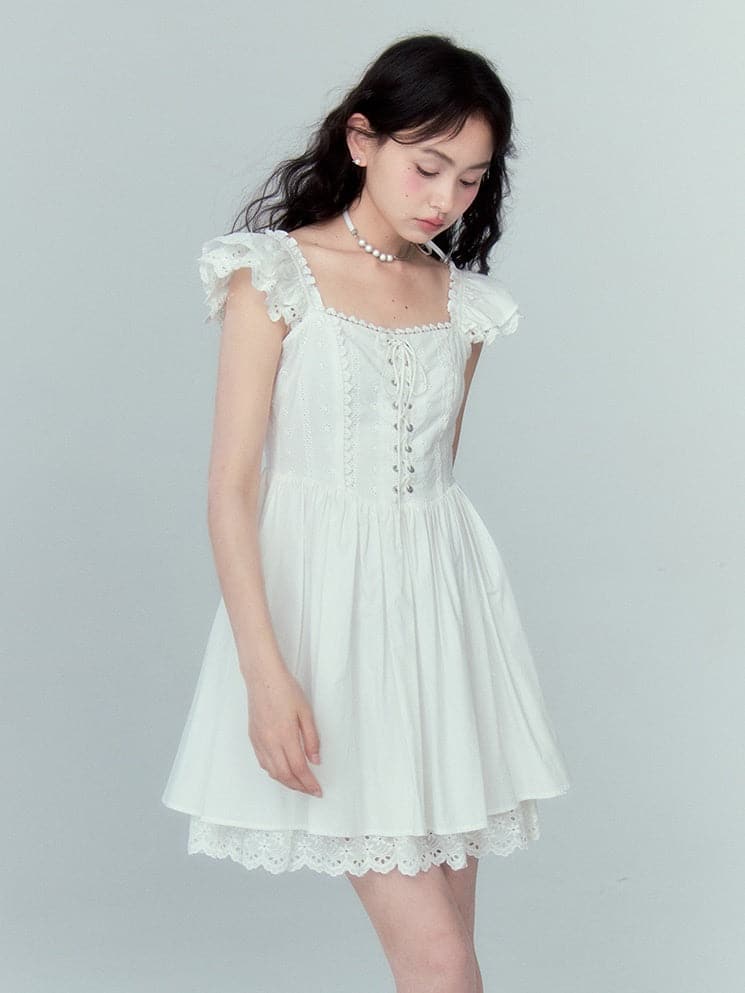 Lace Jacquard Flutter Sleeve Dress - chiclara