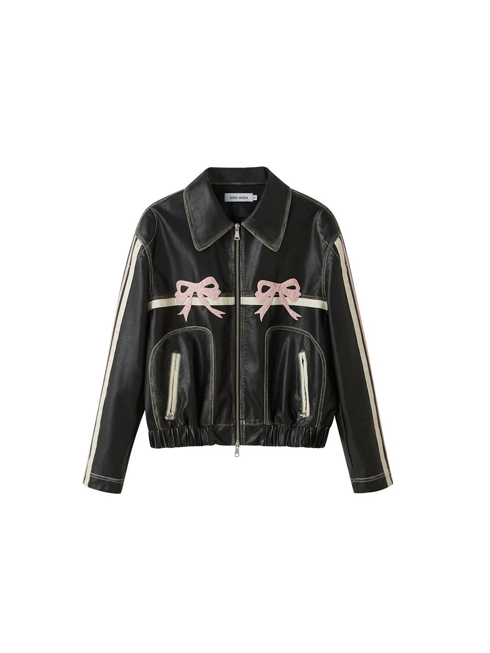 Retro Color-Painted Leather Jacket With Bowknot Detail