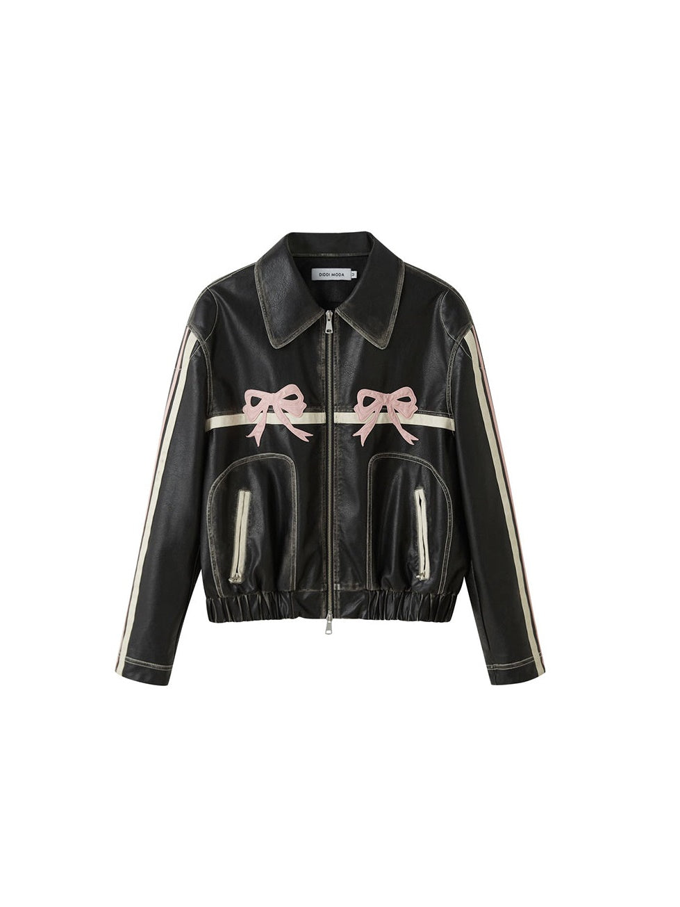 Retro Color-Painted Leather Jacket With Bowknot Detail - chiclara
