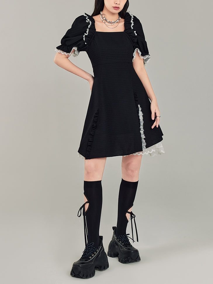 Puff Sleeve Black Square Neck Dress - chiclara