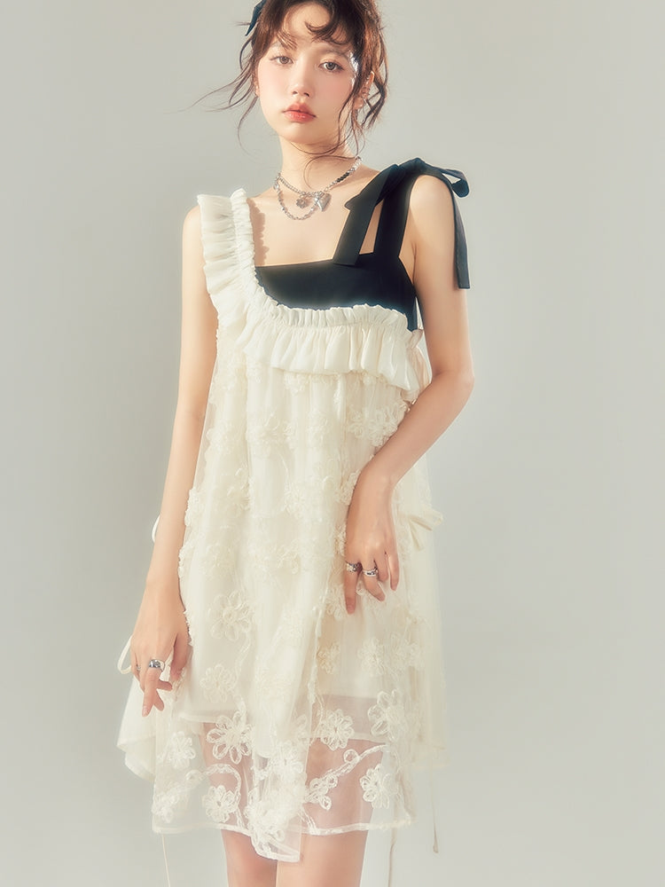 Lace Frill Flower Ribbon Dress - chiclara