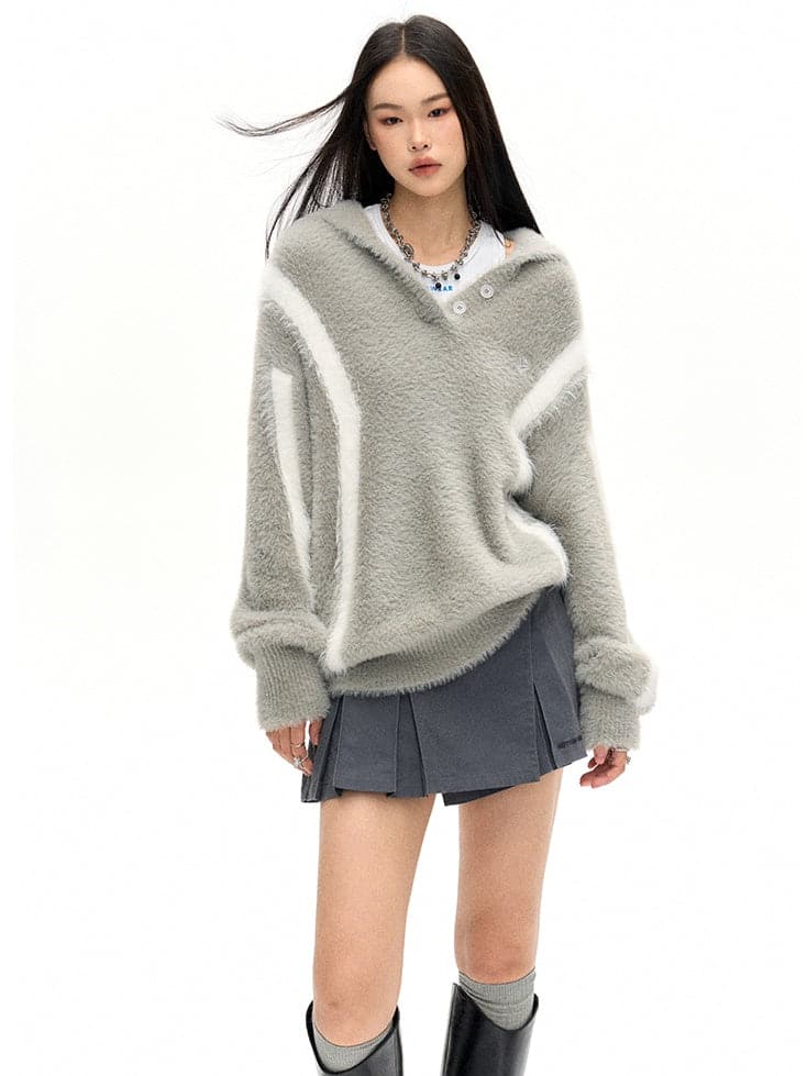 Loose Line Design Lapel Sweater - chiclara
