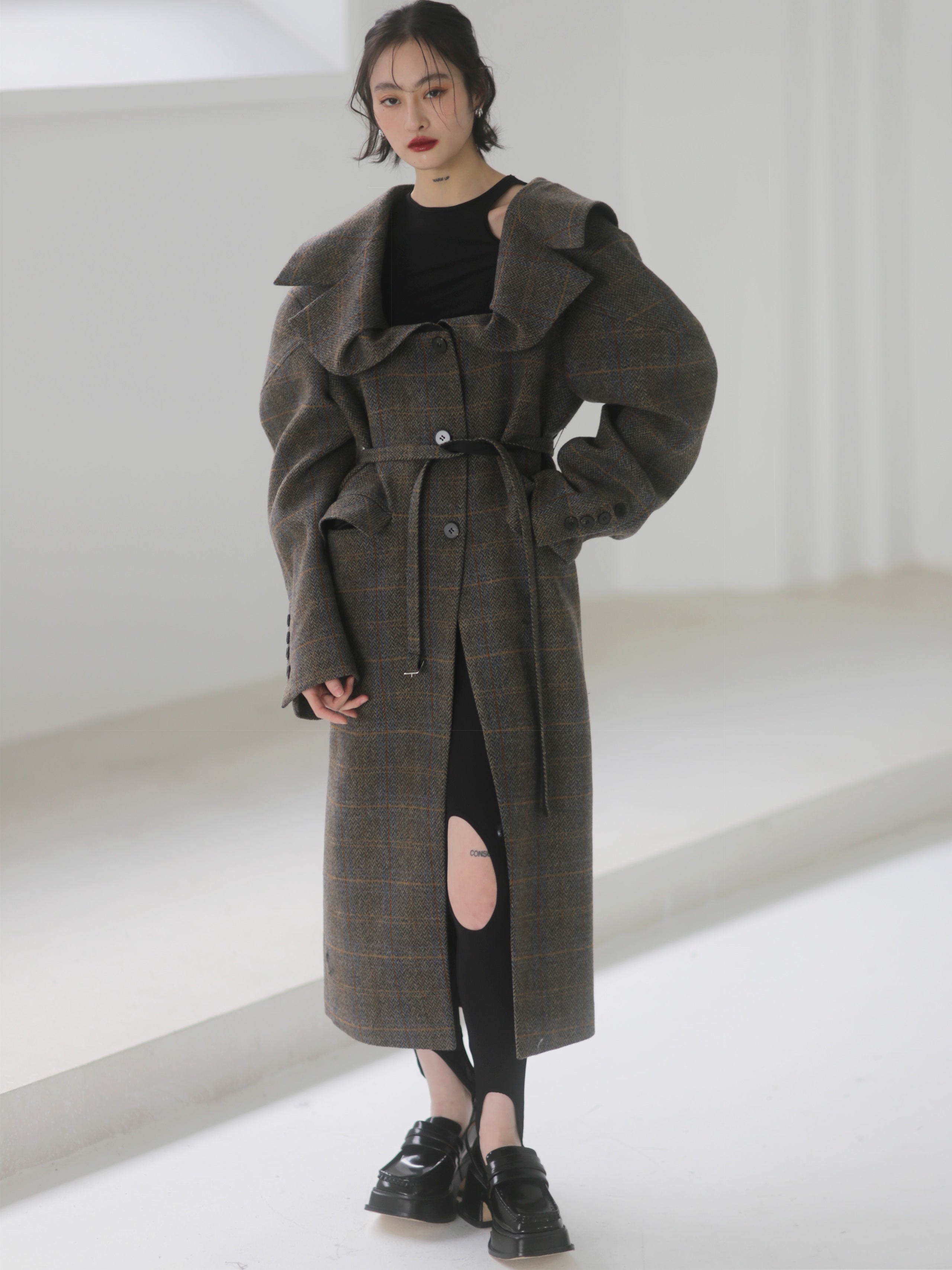 Plaid Wool Long Coat With 3D Generous Collar - chiclara