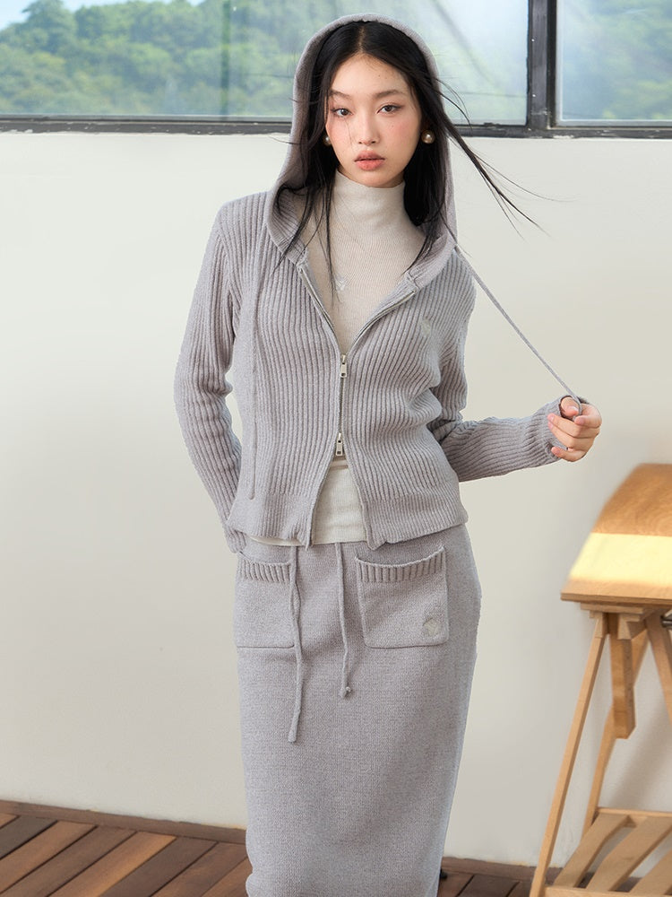 Relaxing Hooded Knitted Parka ＆ Skirt ＆ Pants - chiclara