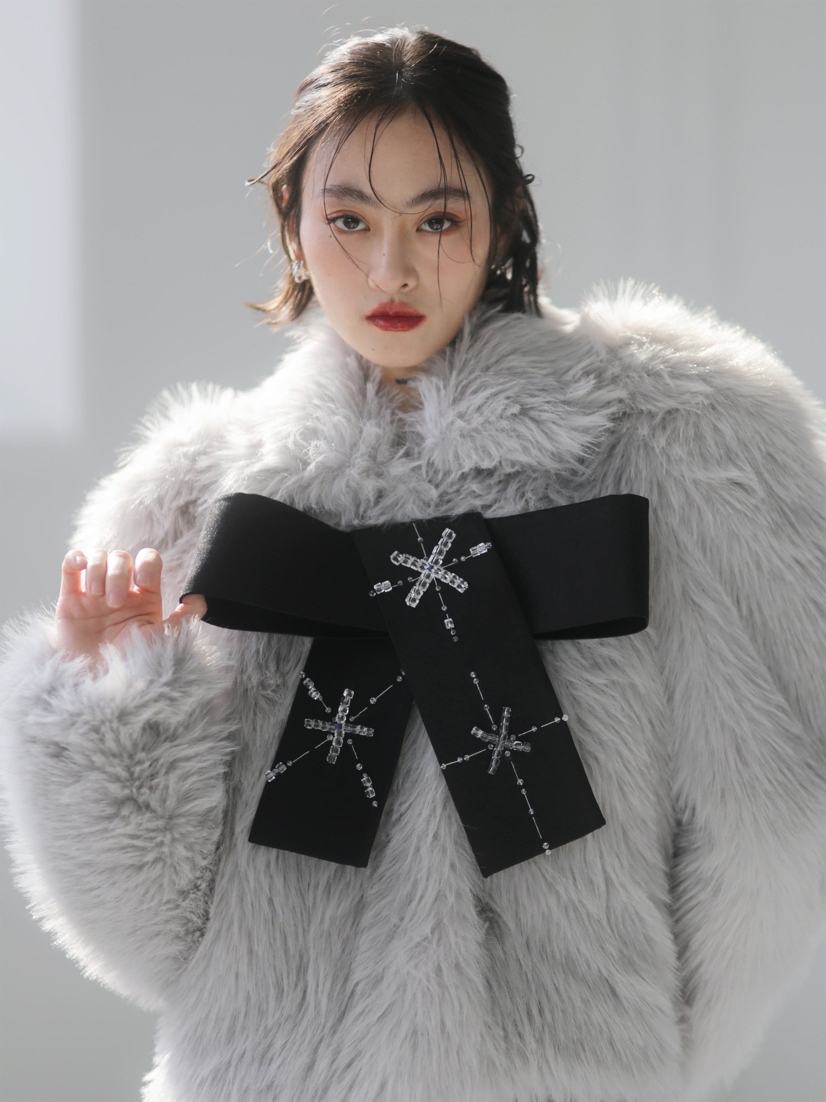Luxury Handcrafted Faux Fur Coat With Beaded Bow Detail - chiclara
