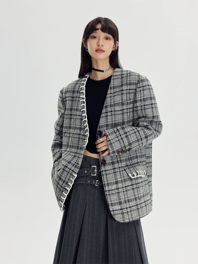 Chic Plaid Trio: Collarless Jacket, Vest & Pleated Skirt - chiclara