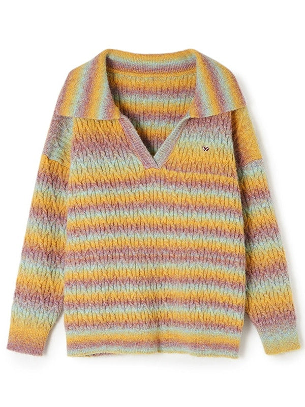 Gradient Rainbow Border Lapel Sweater - chiclara