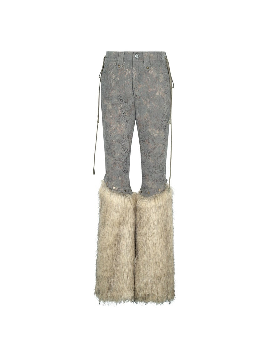 Fur-Trimmed Snake Print Cropped Pants - chiclara