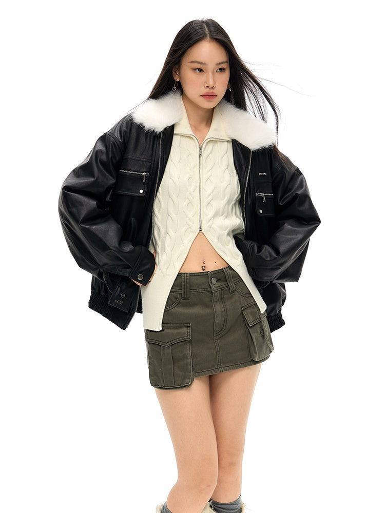 Fur Collar Loose Leather Jacket - chiclara