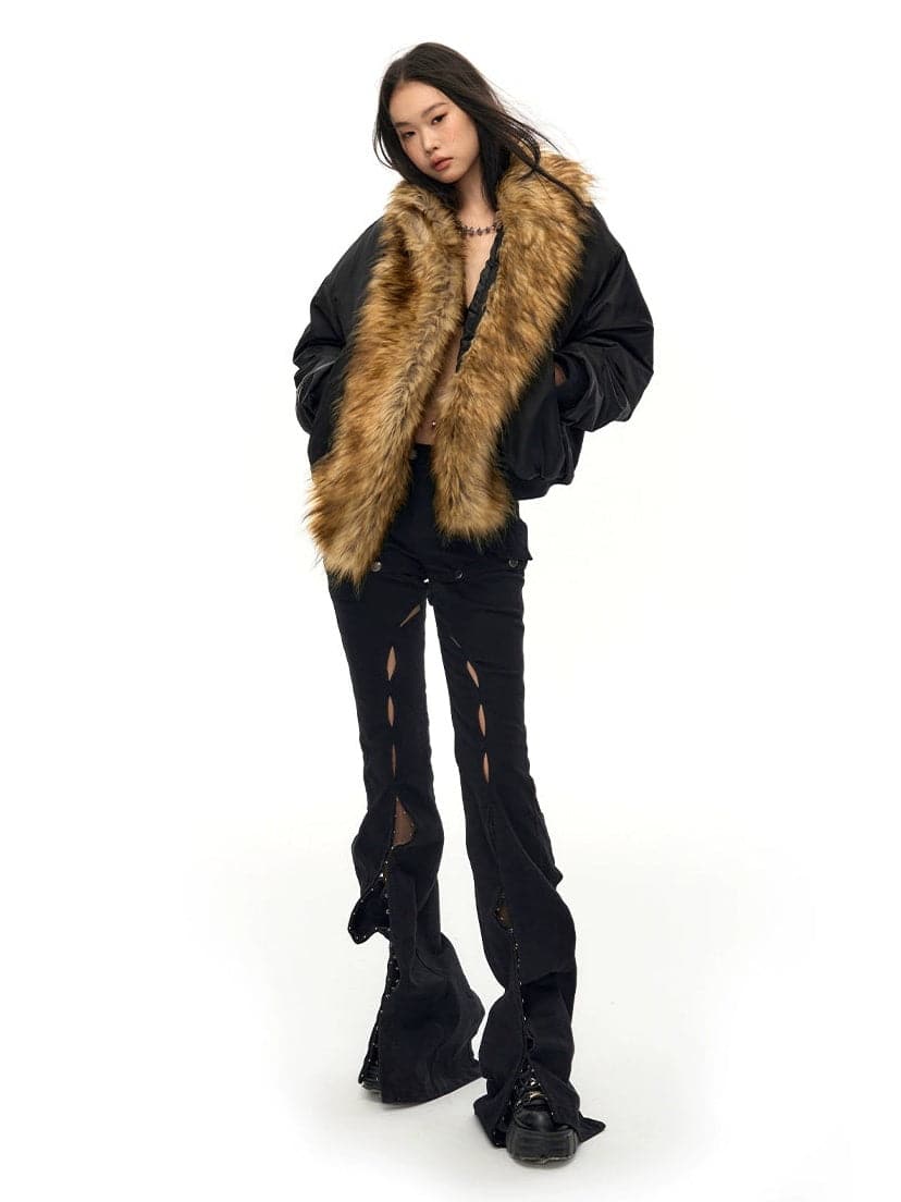 Big Fur Collar Wide Flight Jacket - chiclara