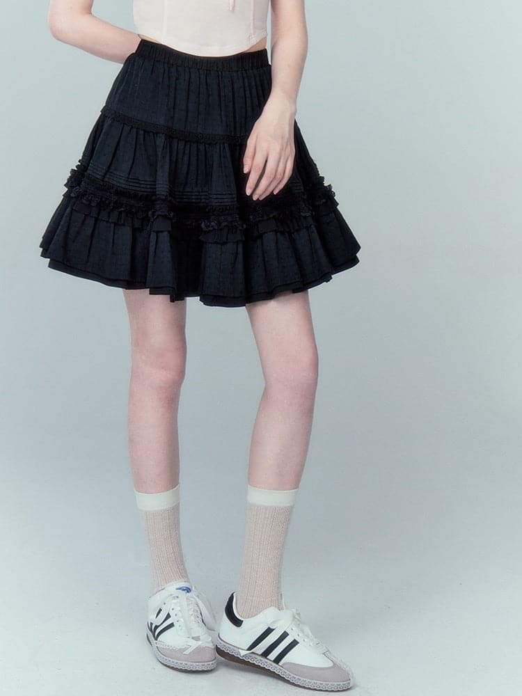 Lace Puffy Skirt With Jacquard Detail - chiclara