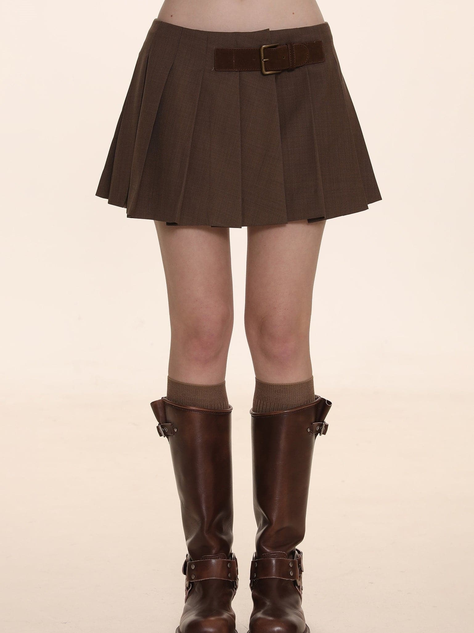 Plaid Pleated Skirt With Decorative Belt - chiclara