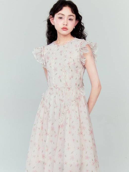 Lace Ruffled Flying Sleeve Dress - chiclara