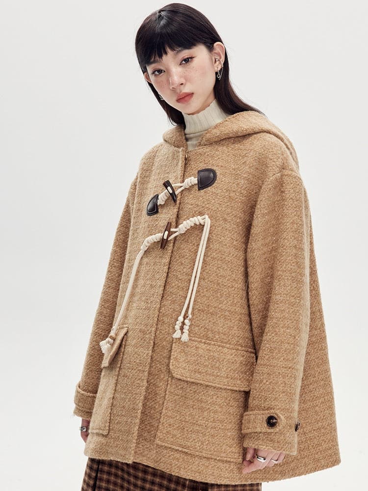 Horn Buckle Wool Coat With Hood - chiclara