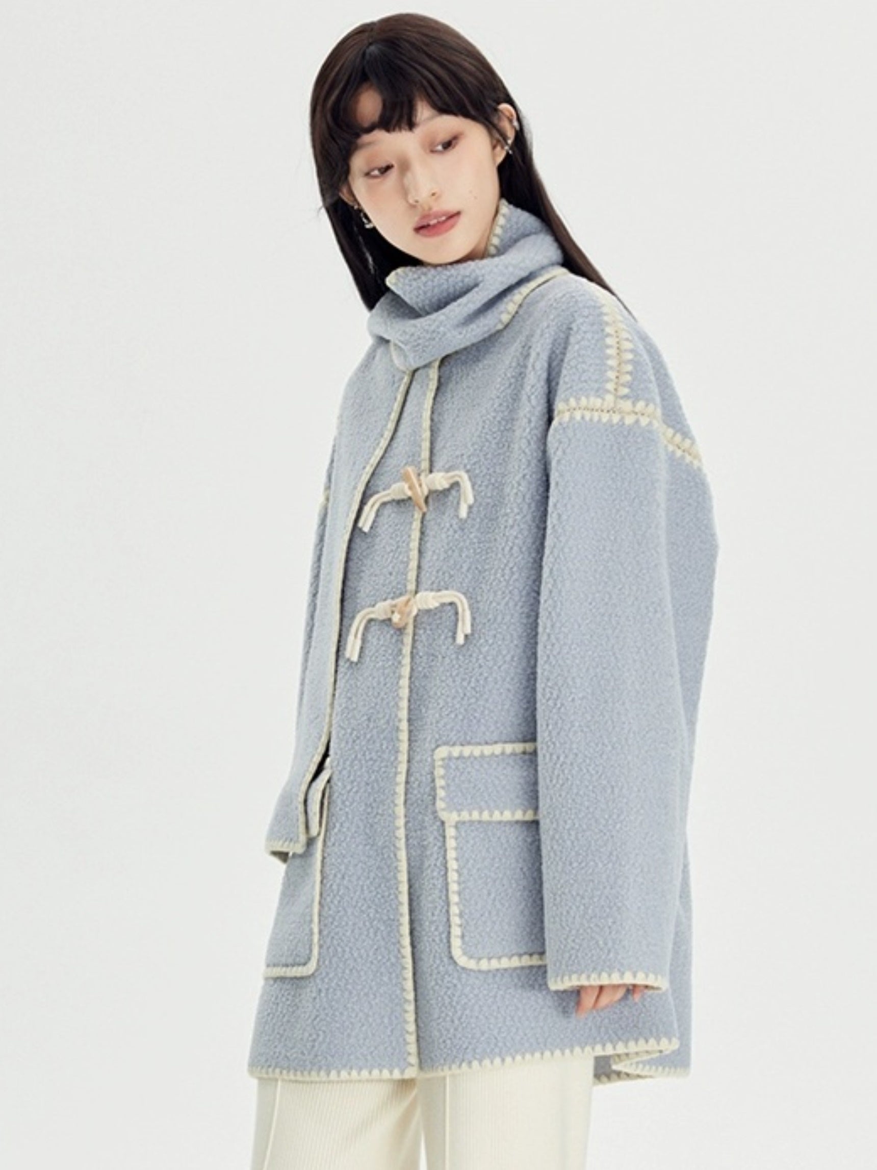 Stitched Horn Button Embroidered Coat - chiclara