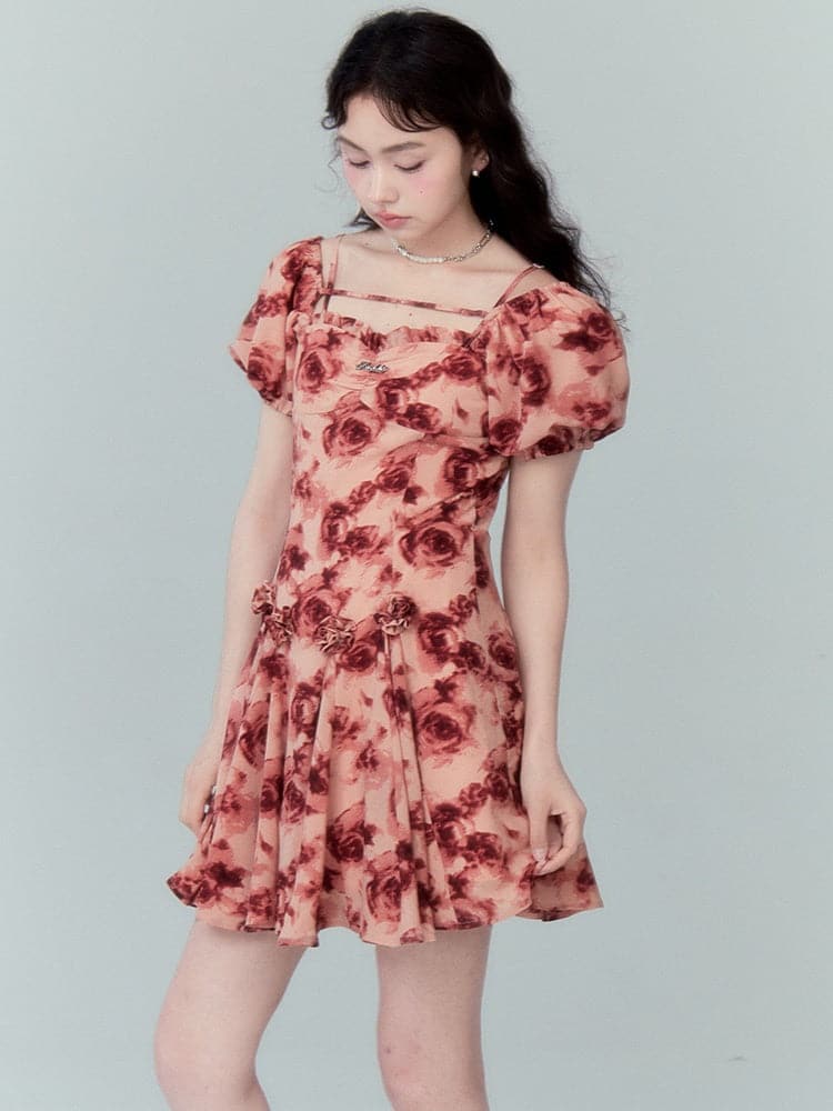Square Collar Puff Sleeve Rose Print Dress - chiclara