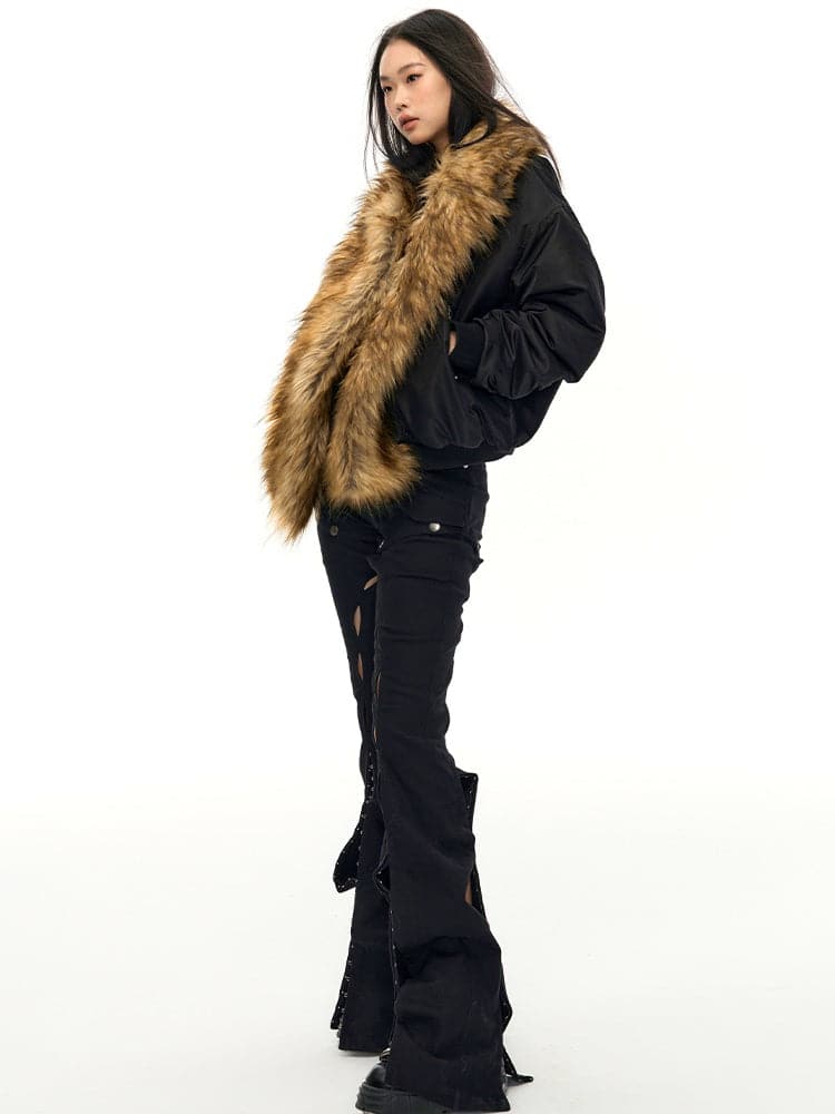 Big Fur Collar Wide Flight Jacket - chiclara