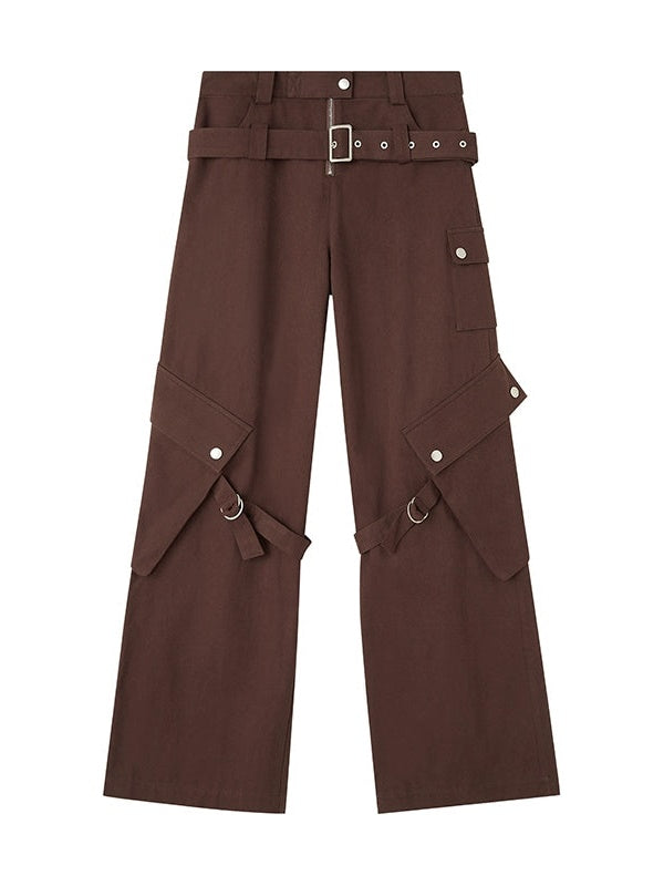 Wide Leg Double Belted Straight Fit Trousers - chiclara