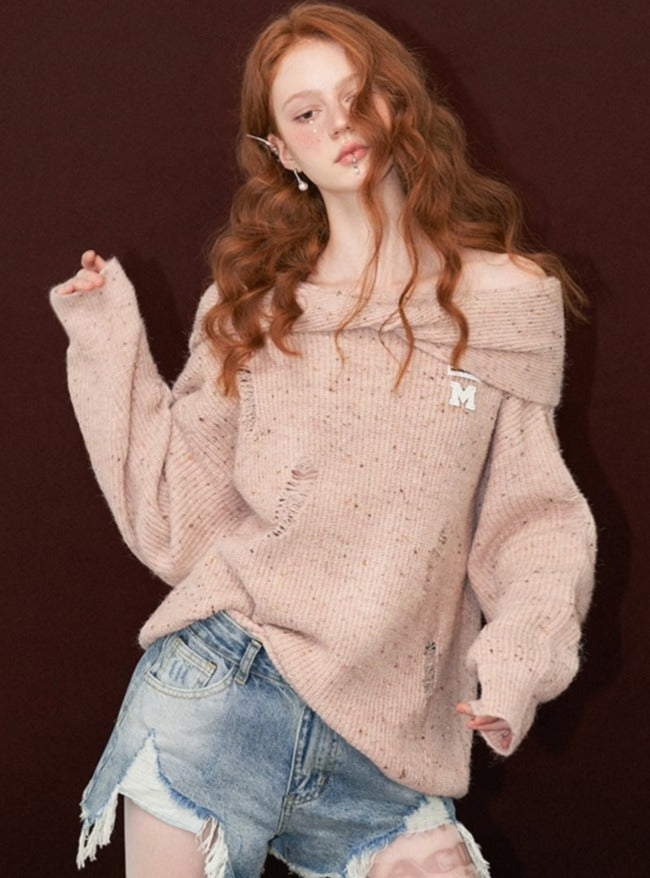 Off-Shoulder Long Sleeve Loose Knit Tops - chiclara