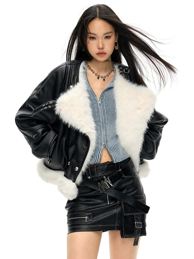 Large Lapel Eco-Friendly Fur Leather Jacket - chiclara