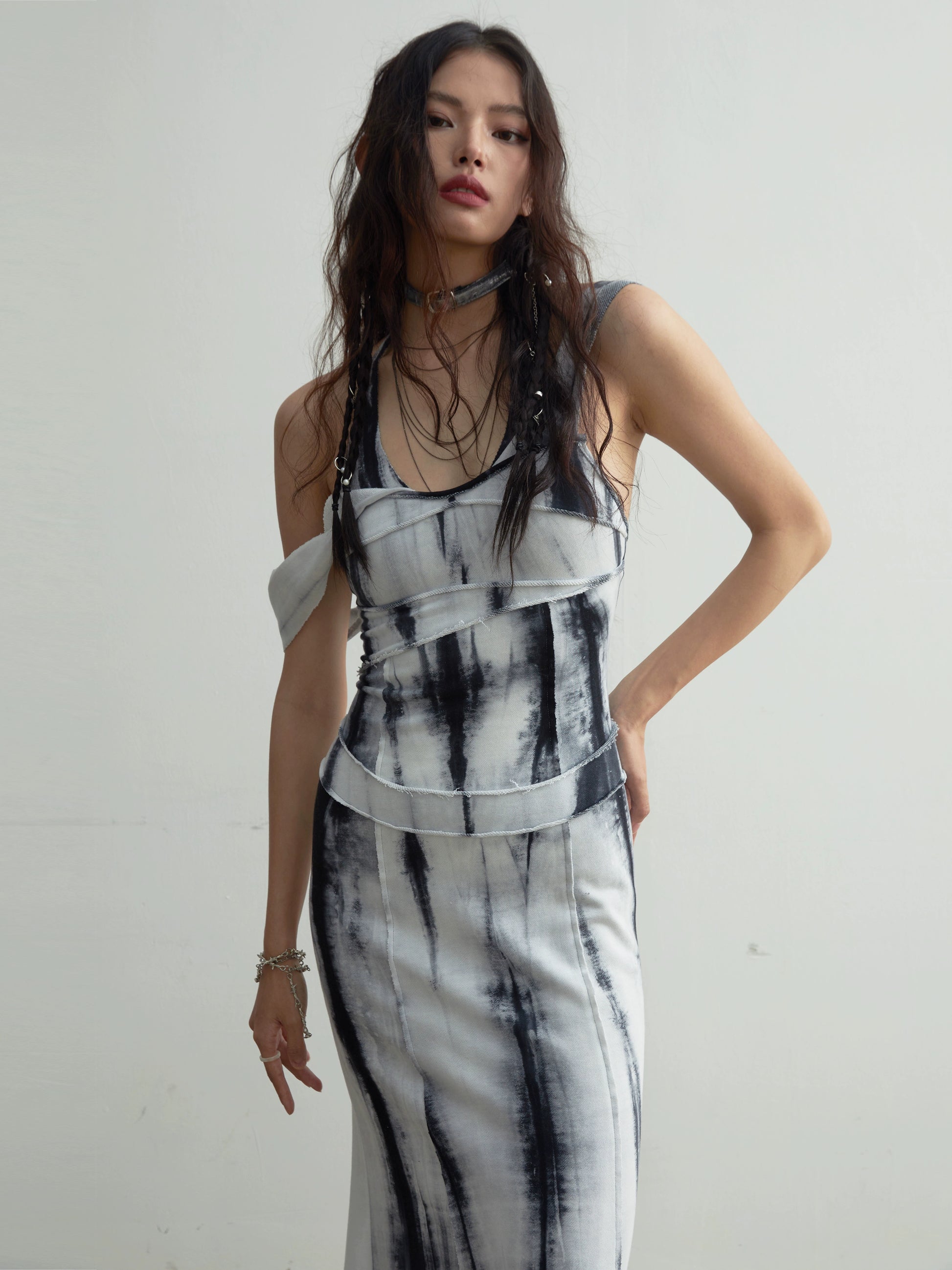 Elegant Tie-Dye Maxi Dress With Slim Straps - chiclara