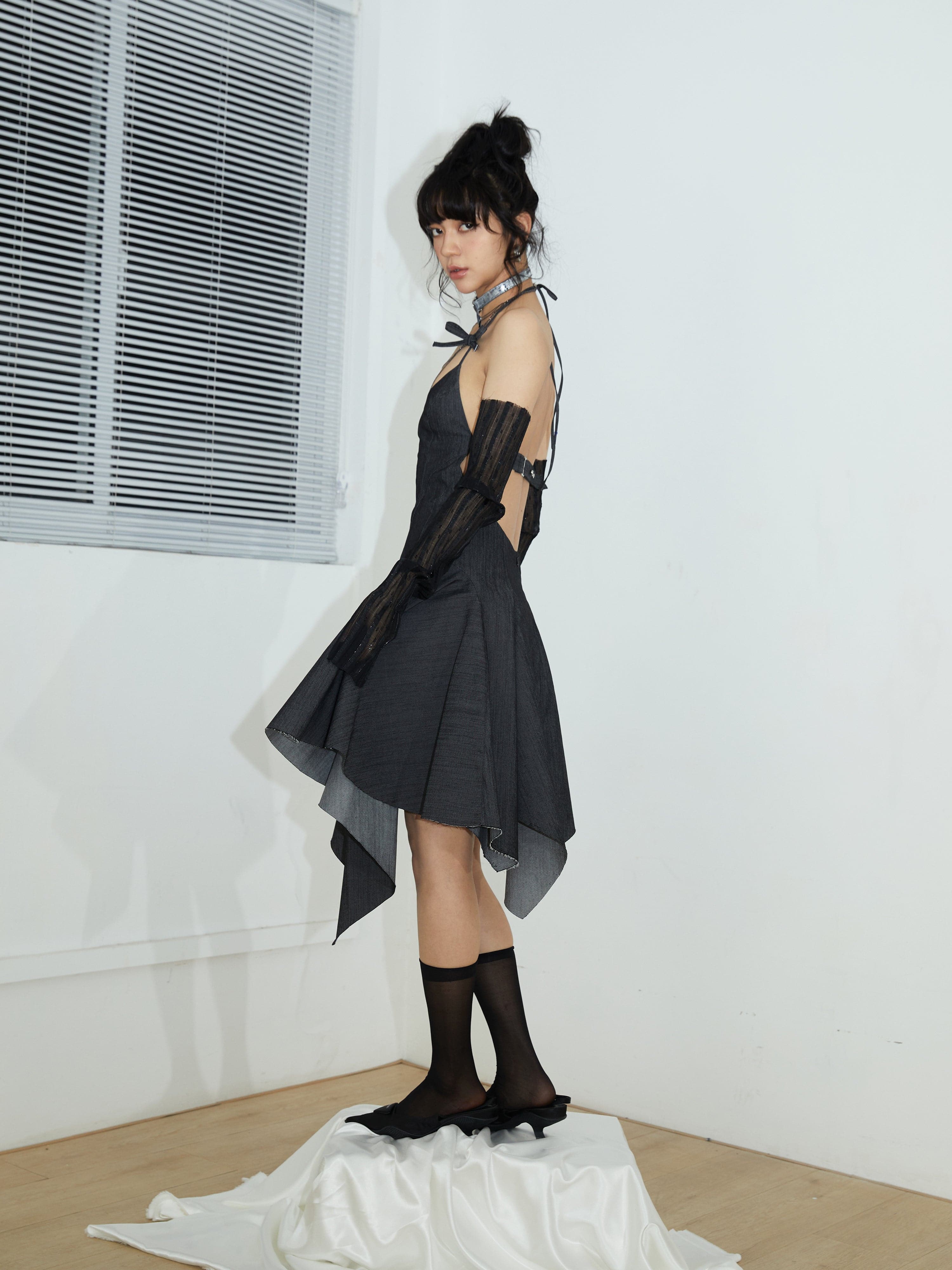Denim Suspender Dress With Unique Backless Design - chiclara