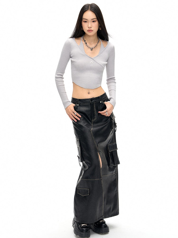 Old Polished Pu Leather Skirt - chiclara