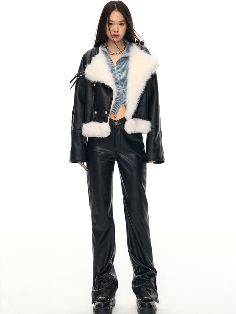 Large Lapel Eco-Friendly Fur Leather Jacket - chiclara