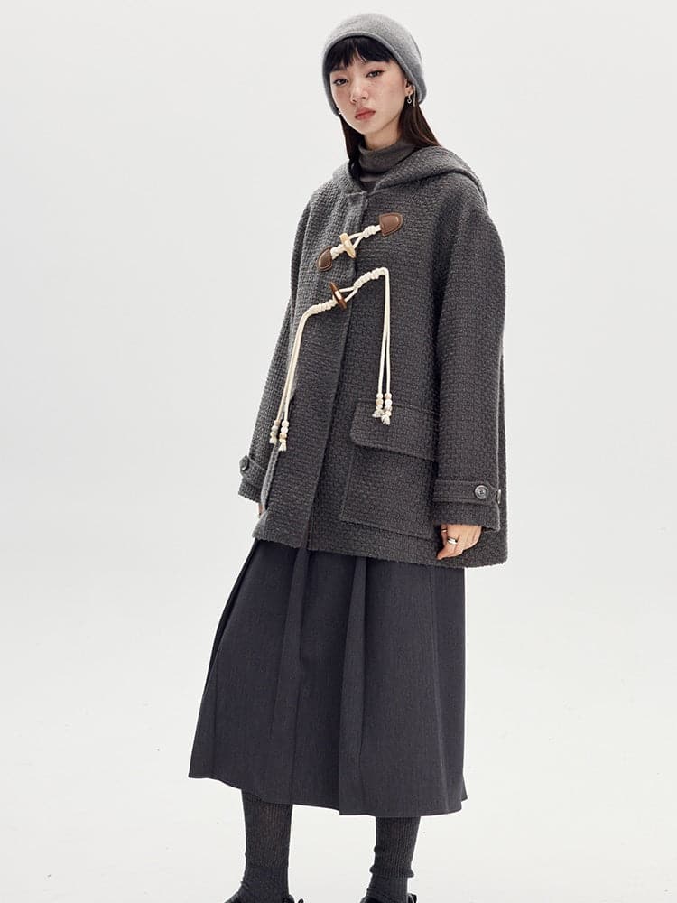 Horn Buckle Wool Coat With Hood - chiclara