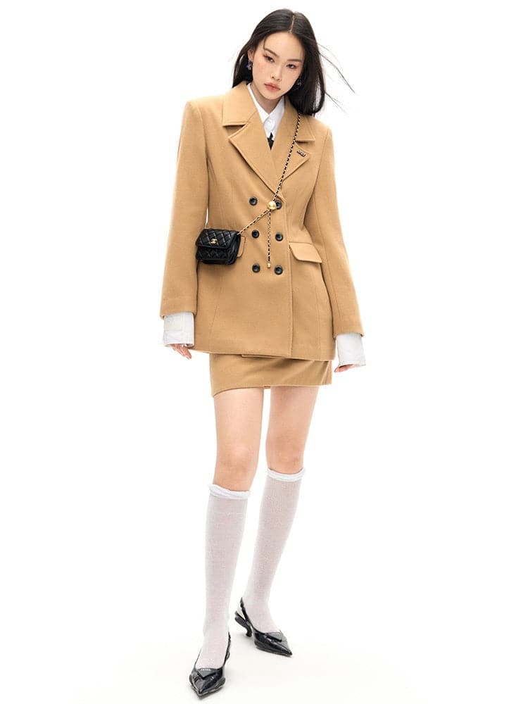 Double Button Wool Coat ＆ Mini Skirt - chiclara