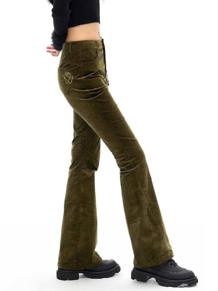 High-Waist Slim Corduroy Bootleg Pants - chiclara