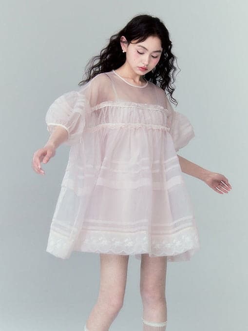 Sheer Lace Hem A-Line Mesh Dress - chiclara