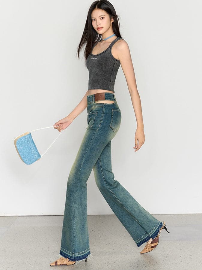 High Waist Retro Wash Bootcut Jeans - chiclara