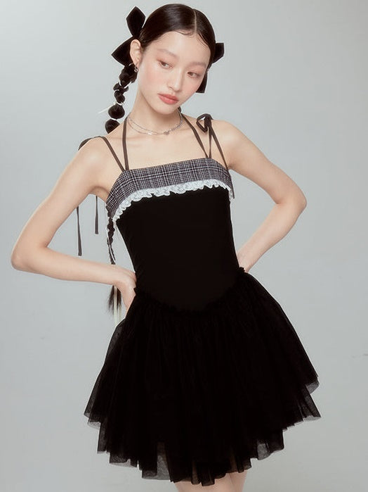 Lace Embroidered Grid Stitch Suspender Dress - chiclara