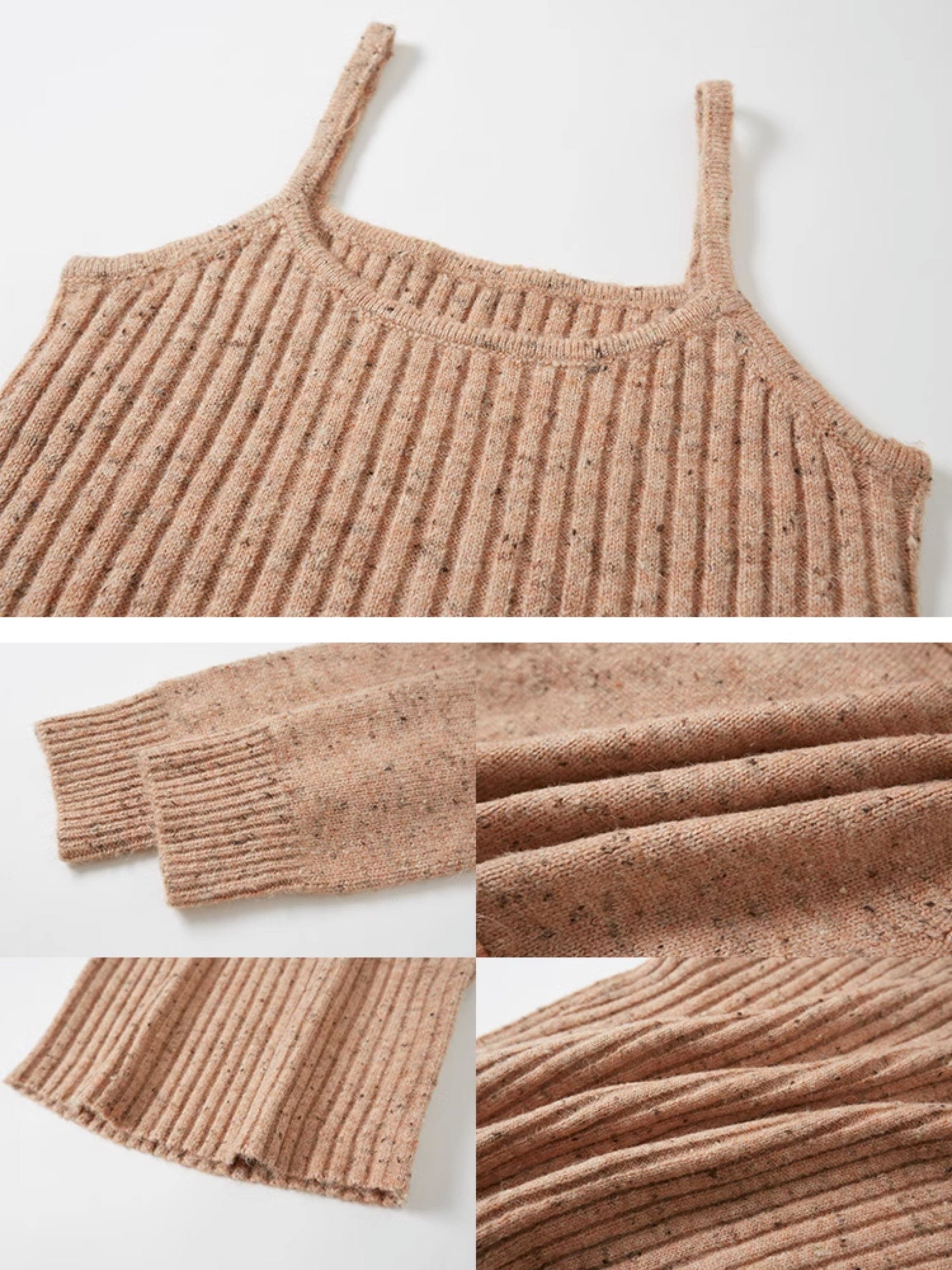 Cropped Knitted Cardigan & Camisole Set With Big Collar - chiclara