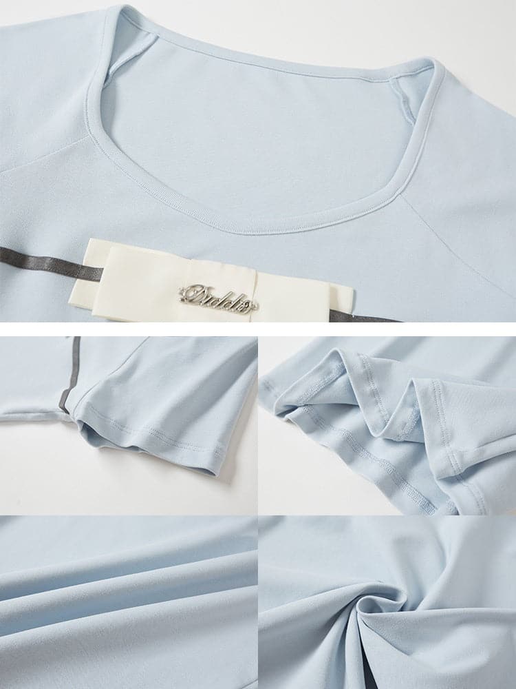 Chic Round Neck T-Shirt With Ribbon Detailing - chiclara