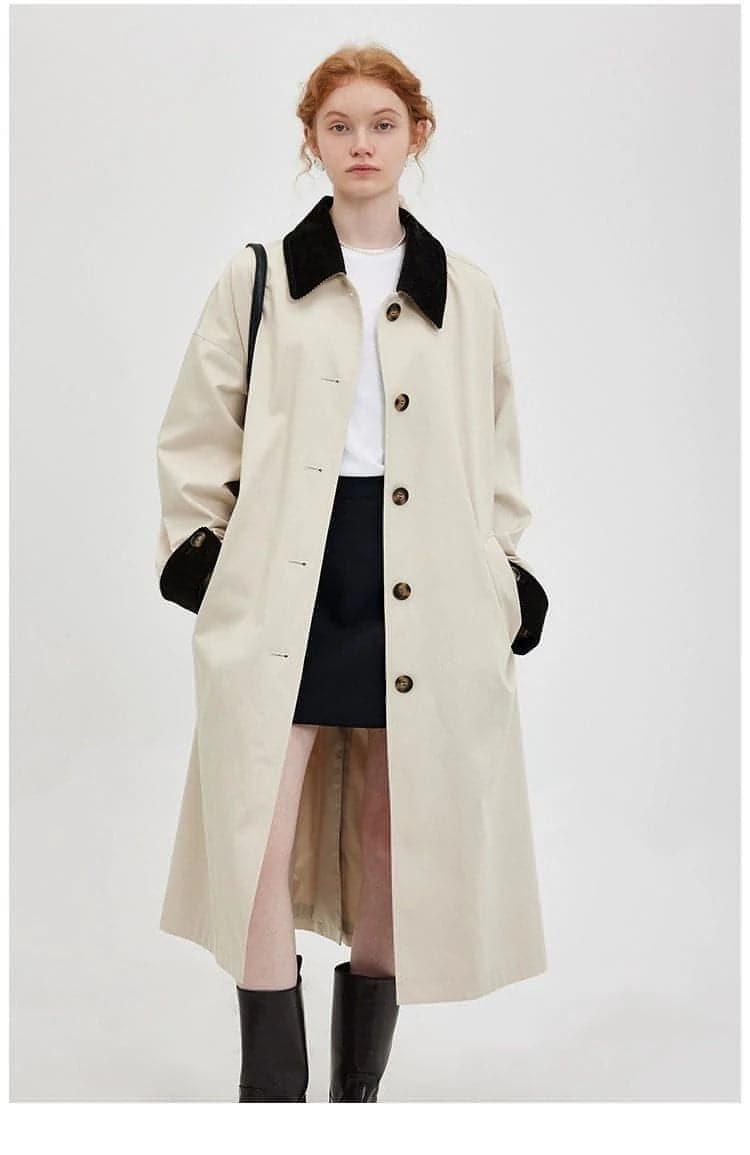 New Retro Color-Block Long Trench Coat - chiclara