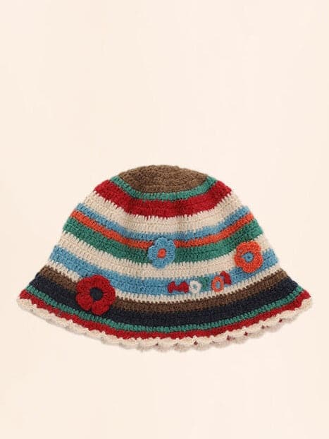 Striped Wool Fisherman Hat With Floral Accents - chiclara