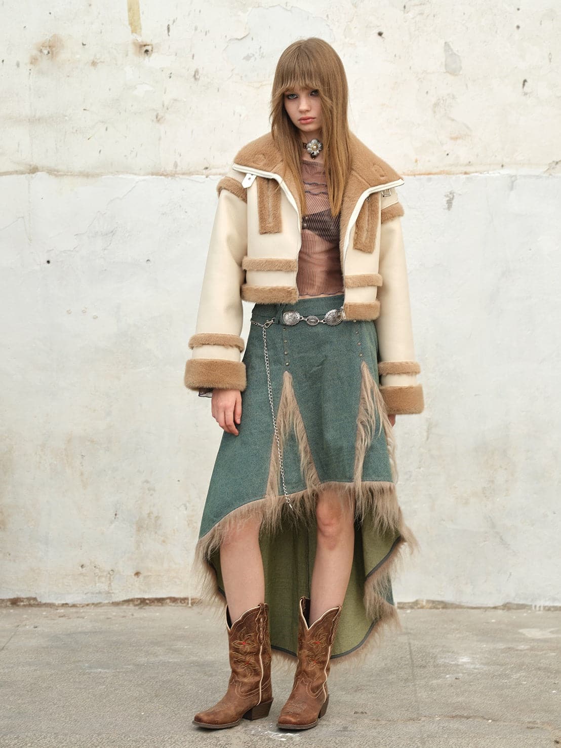 Luxury Faux Fur Embellished Denim Fishtail Skirt - chiclara