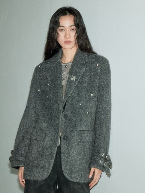 Chic Light Grey Wool-Blend Jacket With Statement Riveted Shoulder Pads - chiclara