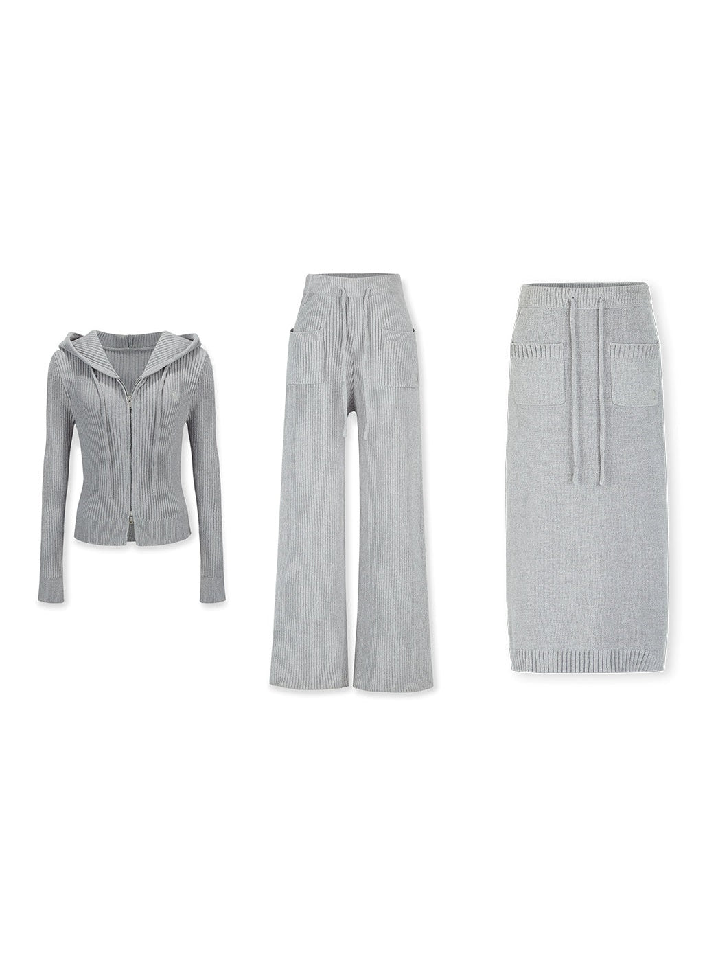 Relaxing Hooded Knitted Parka ＆ Skirt ＆ Pants - chiclara