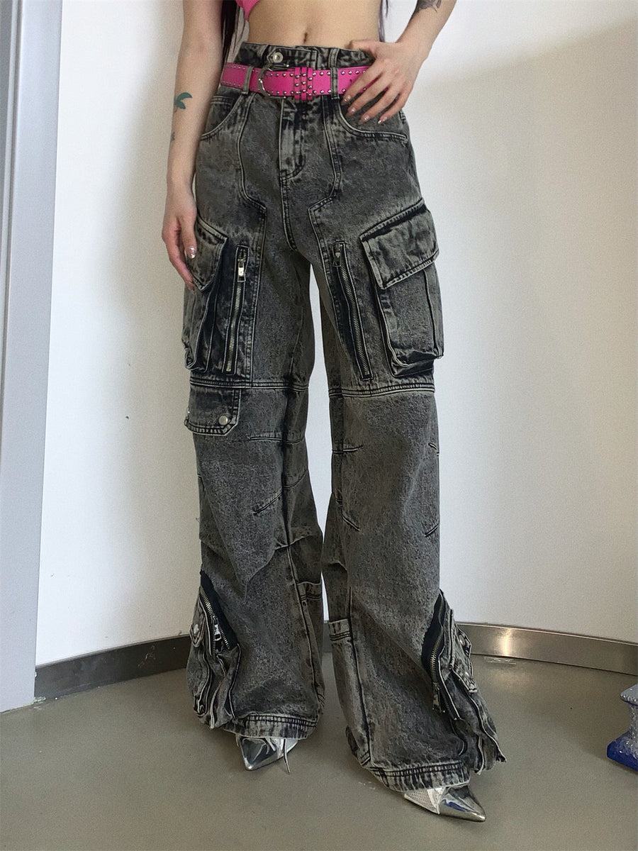 Multi pocket straight tube retro workwear jeans