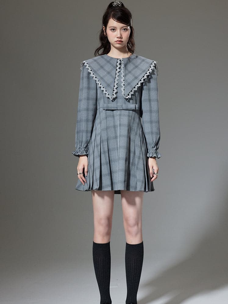 Plaid Pleated Dress With Oversized Lapel - chiclara