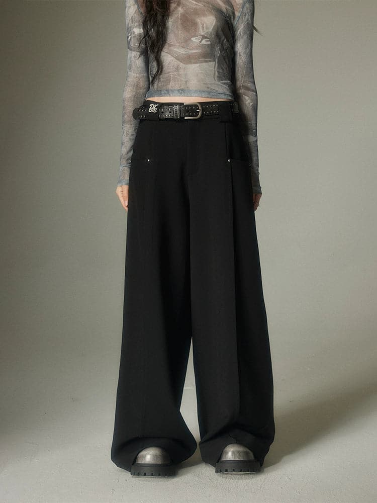 Rivet Wide-Leg Pants In Solid Colors - chiclara