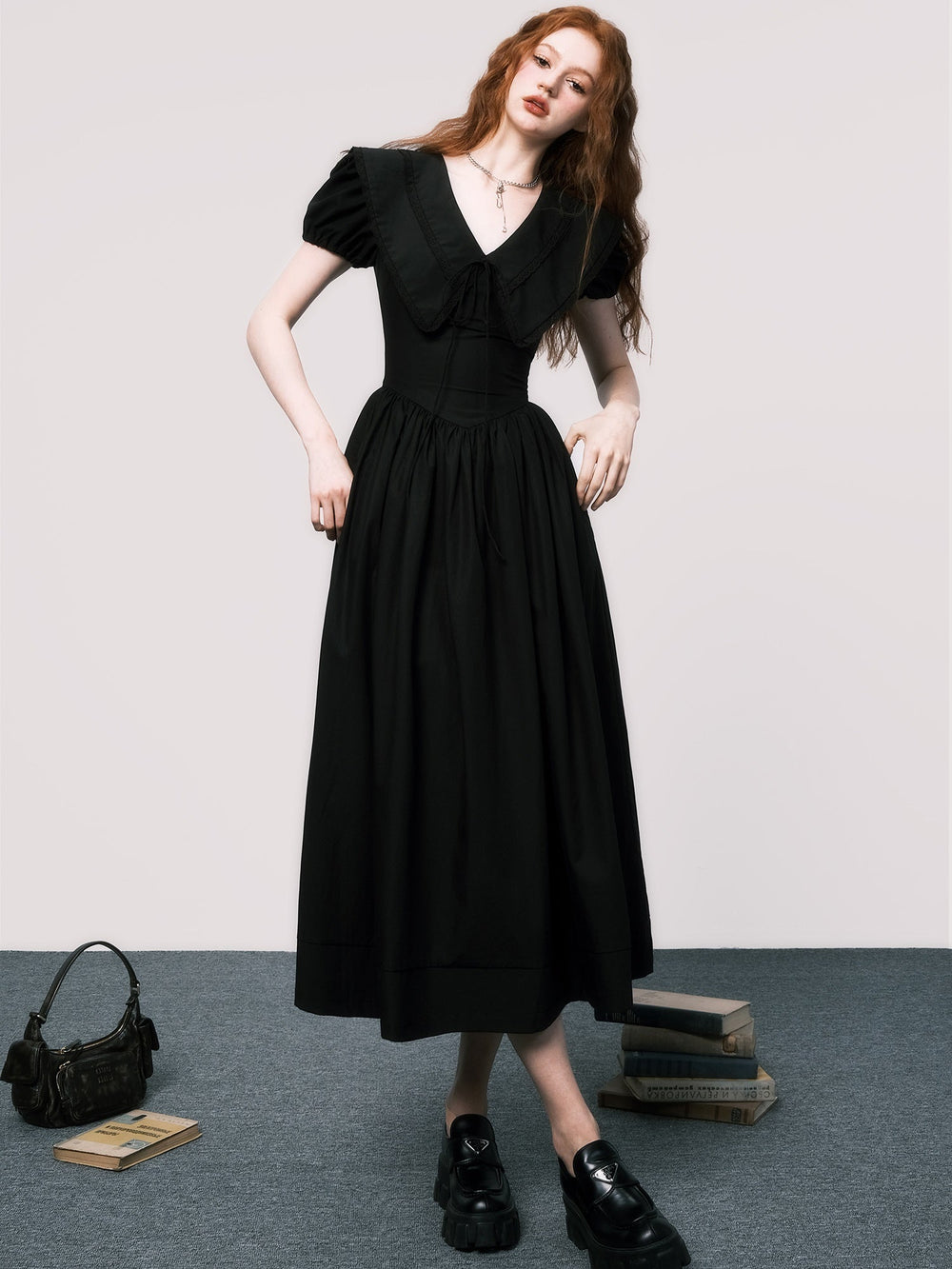 Black Puff Sleeves V-Neck 3D Embellished Dress