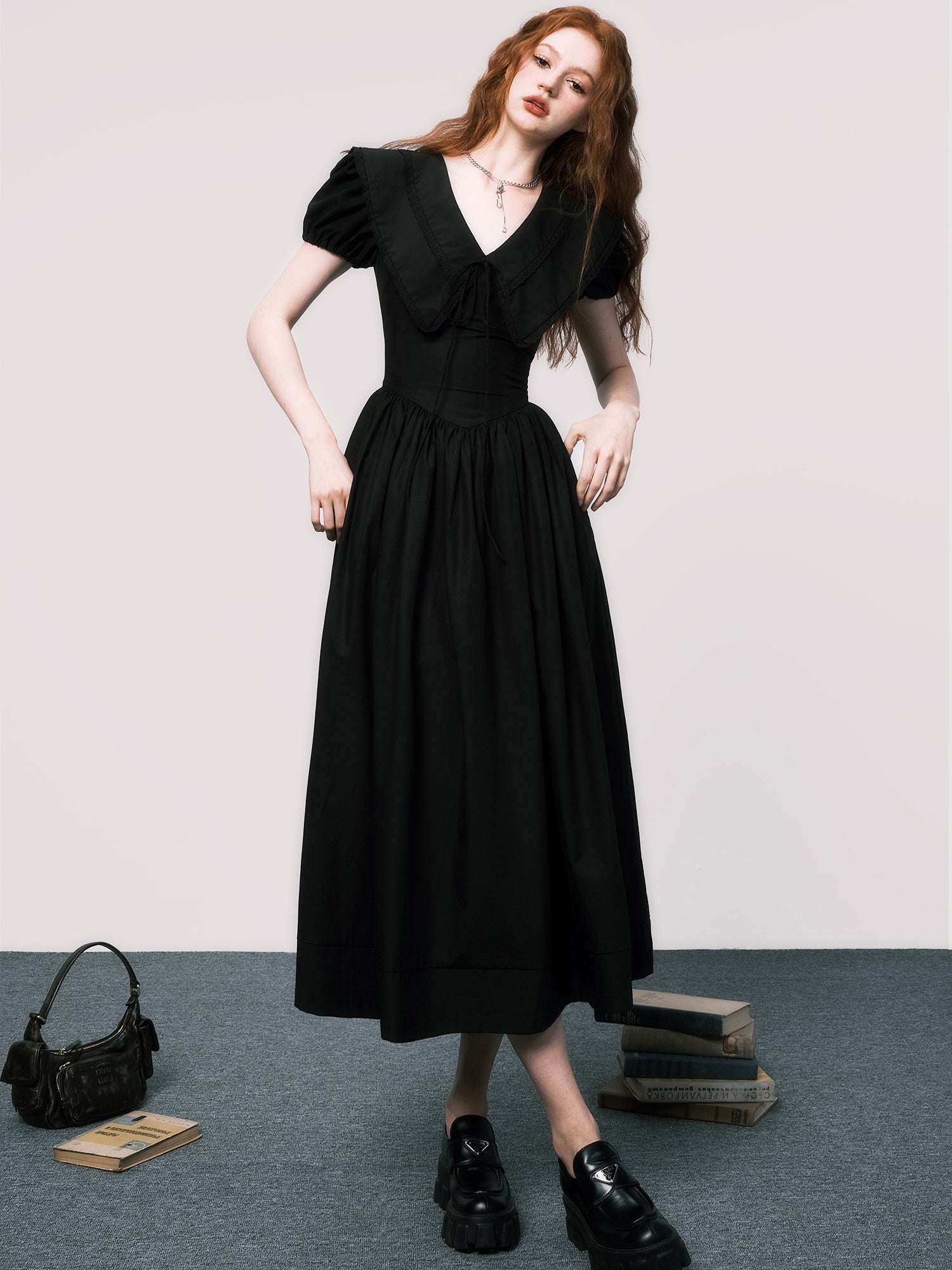 Elegant V-Neck Puff Sleeve Little Black Dress - chiclara