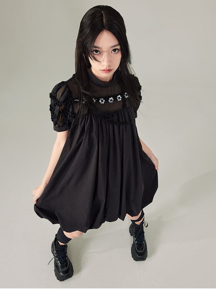 Black Beaded Short Sleeve Dress - chiclara