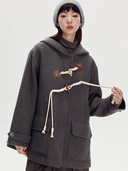 Horn Buckle Wool Coat With Hood - chiclara